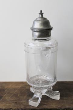 catalog photo of EAPG Bearded Man antique glass jug w/ pewter tankard top & lid, 1880s vintage