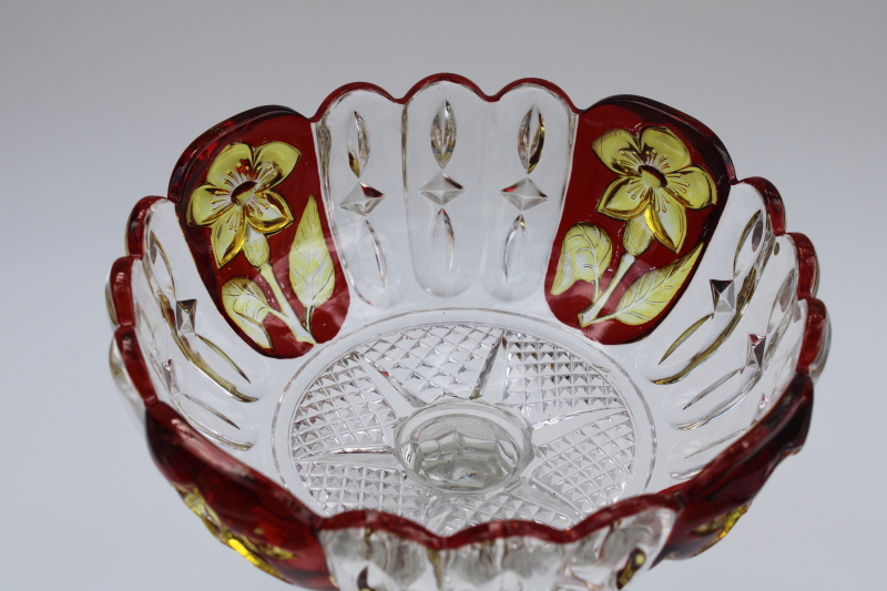 photo of EAPG Florida pattern antique pressed glass compote bowl ruby red yellow flash color sunken primrose #5