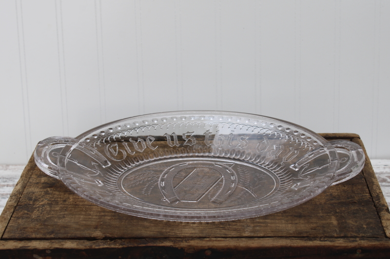 photo of EAPG Give Us This Day Our Daily Bread motto antique pressed glass tray plate, anchor horseshoe #3