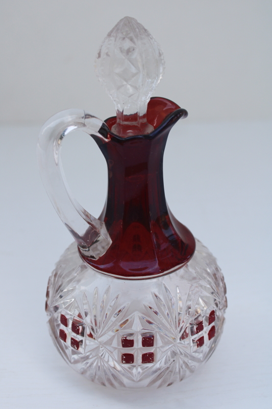 photo of EAPG McKee Majestic antique pressed glass cruet, ruby stain glass pitcher w/ stopper #4
