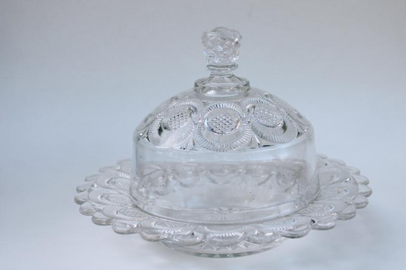 photo of EAPG Victorian era antique round glass butter dish w/ dome, crescent diamond point discs #1