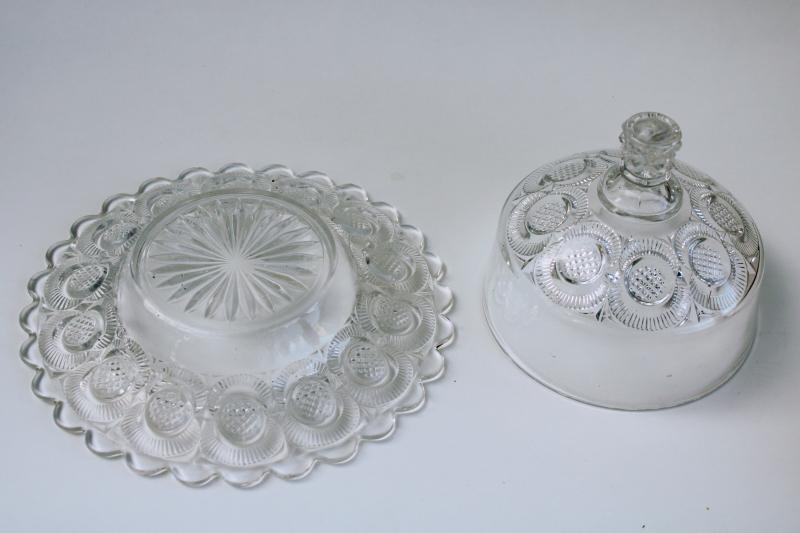 photo of EAPG Victorian era antique round glass butter dish w/ dome, crescent diamond point discs #4