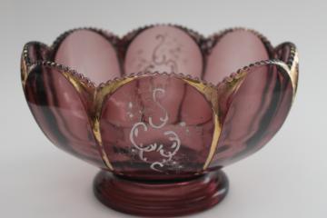 catalog photo of EAPG antique amethyst glass bowl Northwood Nestor pattern w/ hand painted gold
