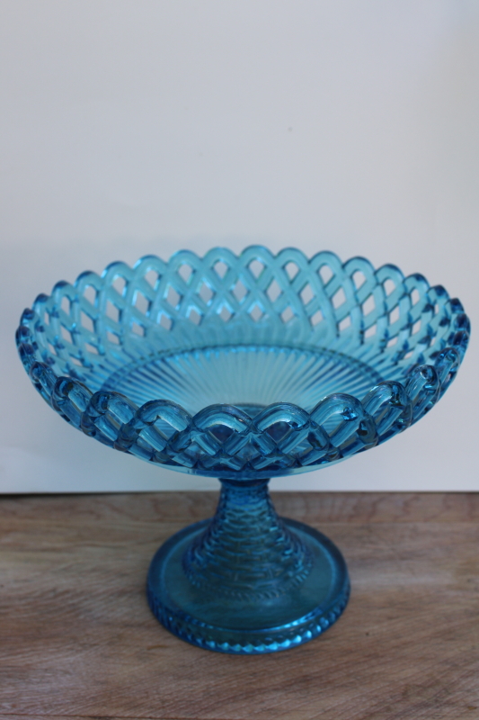 photo of EAPG antique blue glass compote open work lace edge bowl basketweave pattern pressed glass #1