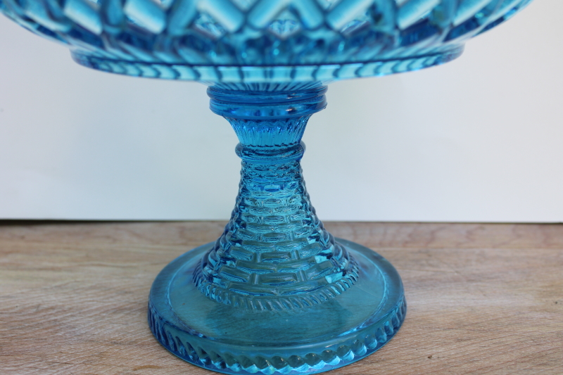 photo of EAPG antique blue glass compote open work lace edge bowl basketweave pattern pressed glass #2