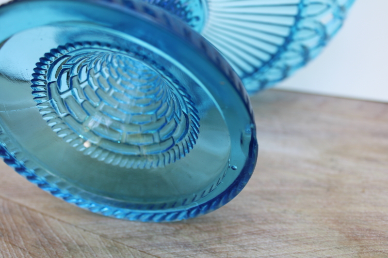 photo of EAPG antique blue glass compote open work lace edge bowl basketweave pattern pressed glass #4