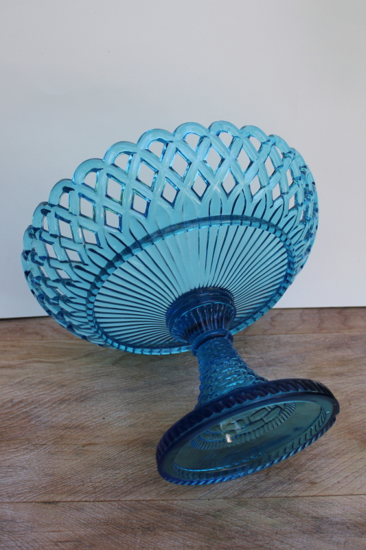 photo of EAPG antique blue glass compote open work lace edge bowl basketweave pattern pressed glass #5