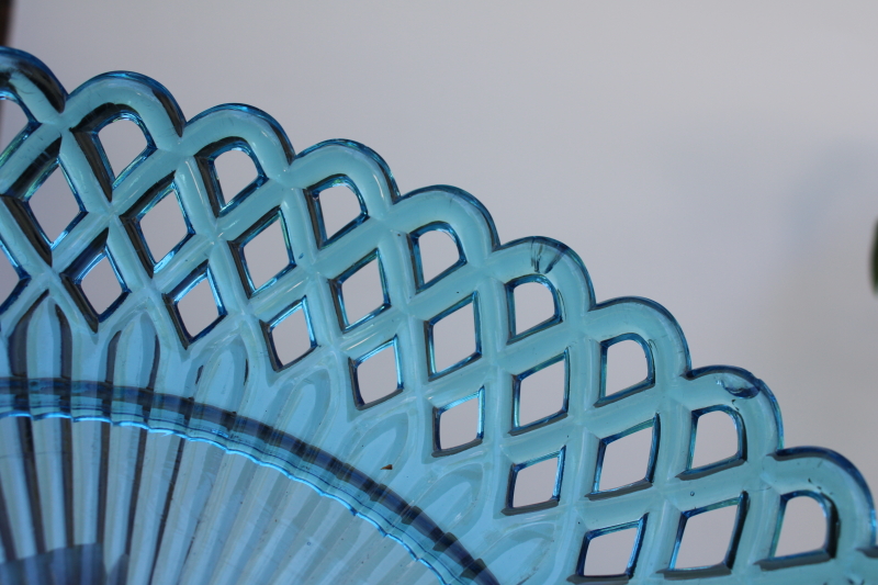 photo of EAPG antique blue glass compote open work lace edge bowl basketweave pattern pressed glass #6