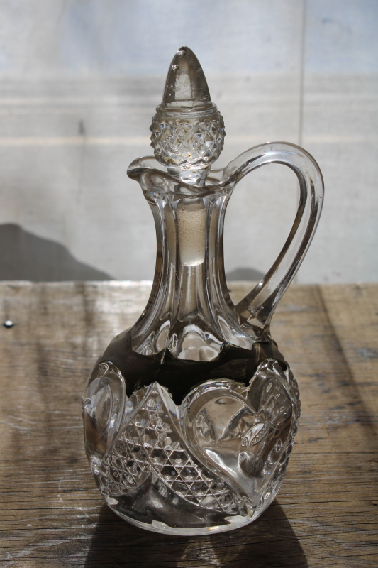 photo of EAPG antique glass cruet, bullseye thumbprint heart pattern pressed blown glass pitcher w/ stopper #1