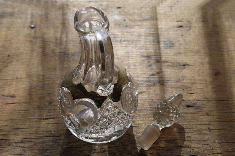 photo of EAPG antique glass cruet, bullseye thumbprint heart pattern pressed blown glass pitcher w/ stopper #2