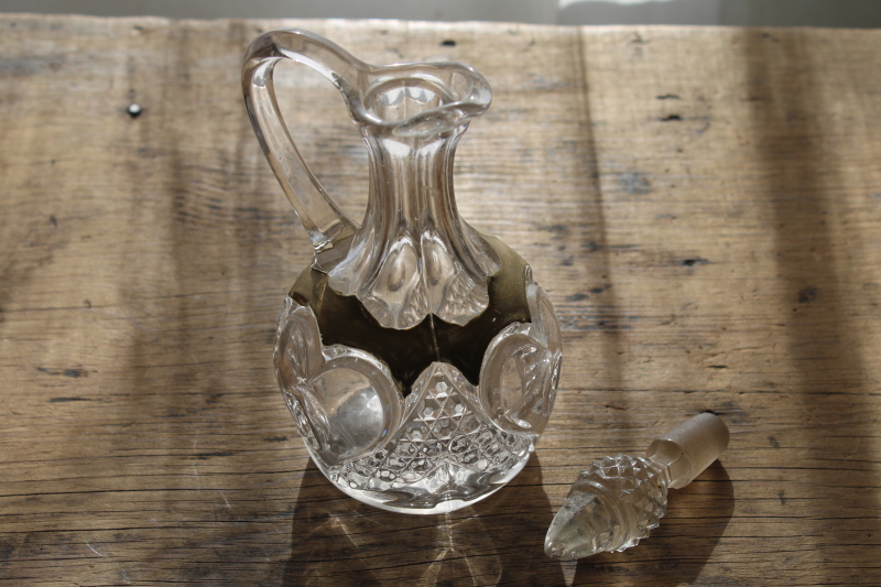 photo of EAPG antique glass cruet, bullseye thumbprint heart pattern pressed blown glass pitcher w/ stopper #3