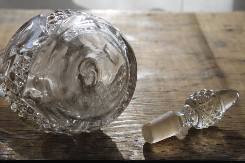 photo of EAPG antique glass cruet, bullseye thumbprint heart pattern pressed blown glass pitcher w/ stopper #4
