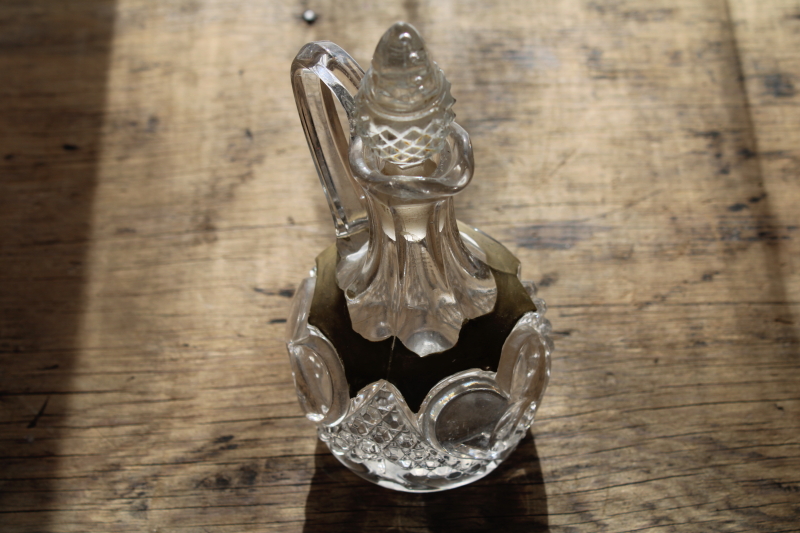 photo of EAPG antique glass cruet, bullseye thumbprint heart pattern pressed blown glass pitcher w/ stopper #6