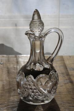 catalog photo of EAPG antique glass cruet, bullseye thumbprint heart pattern pressed blown glass pitcher w/ stopper
