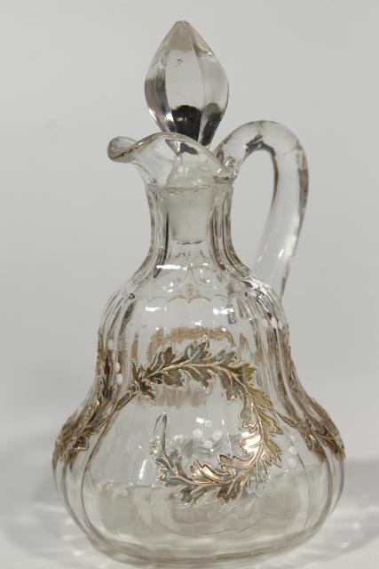 photo of EAPG antique glass cruet, fern or oak leaf garland gold scroll, circa 1900 #1