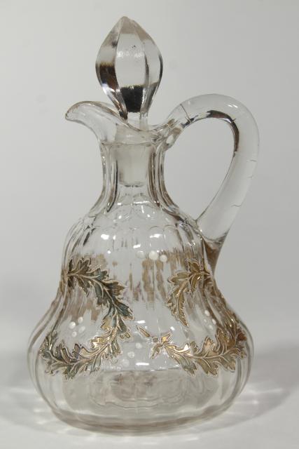 photo of EAPG antique glass cruet, fern or oak leaf garland gold scroll, circa 1900 #3