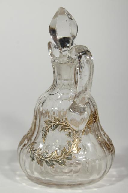 photo of EAPG antique glass cruet, fern or oak leaf garland gold scroll, circa 1900 #4