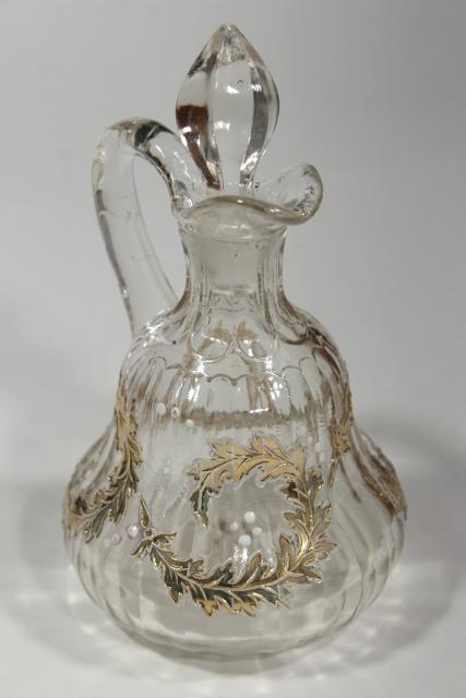 photo of EAPG antique glass cruet, fern or oak leaf garland gold scroll, circa 1900 #5