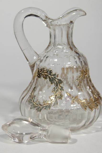 photo of EAPG antique glass cruet, fern or oak leaf garland gold scroll, circa 1900 #6