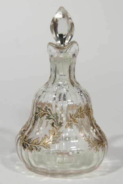 photo of EAPG antique glass cruet, fern or oak leaf garland gold scroll, circa 1900 #8