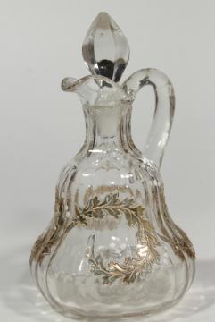 catalog photo of EAPG antique glass cruet, fern or oak leaf garland gold scroll, circa 1900