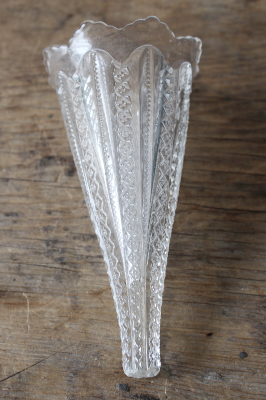 photo of EAPG antique glass epergne horn shaped vase, Victorian vintage pressed glass  #3