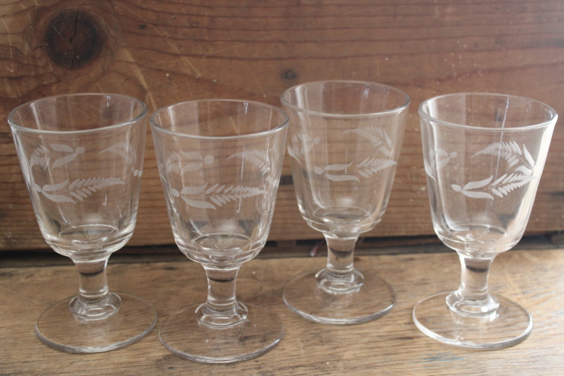 photo of EAPG antique glass goblets, etched fern pattern water glasses, 1800s vintage stemware #5