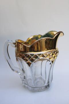 EAPG antique glass pitcher, gold decorated New Martinsville pattern 718 diamond & panel