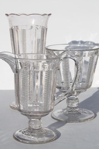 photo of EAPG antique glass spooner, pitcher & open sugar, zipper / file pattern glass table set #1