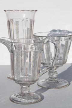 catalog photo of EAPG antique glass spooner, pitcher & open sugar, zipper / file pattern glass table set