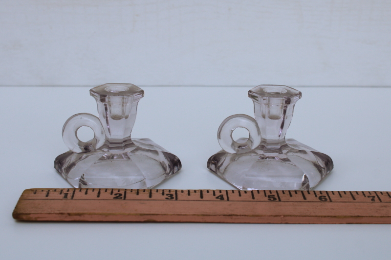 photo of EAPG antique glass sun purple color miniature candle holders, pair of tiny candlesticks 1800s vintage #1