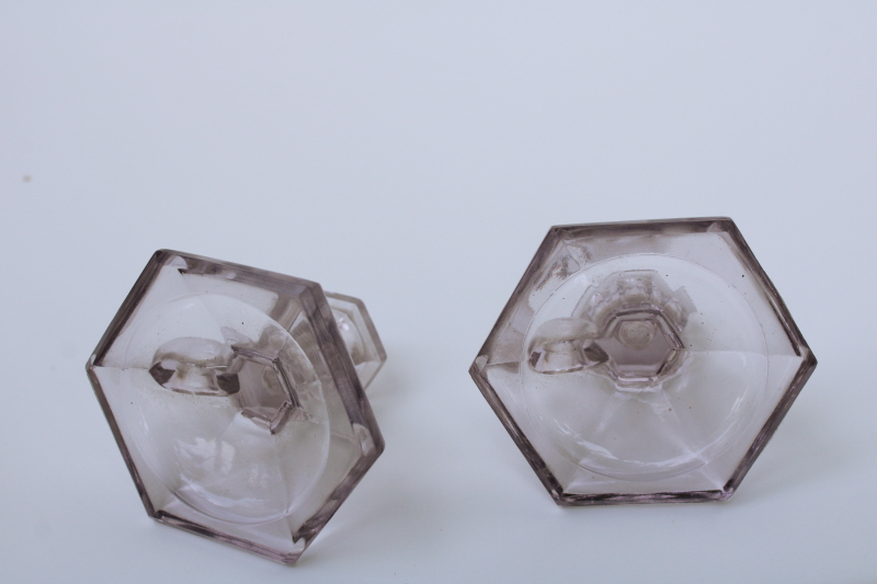 photo of EAPG antique glass sun purple color miniature candle holders, pair of tiny candlesticks 1800s vintage  #3