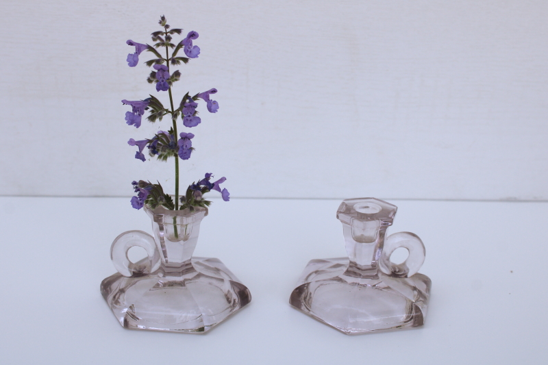 photo of EAPG antique glass sun purple color miniature candle holders, pair of tiny candlesticks 1800s vintage  #6