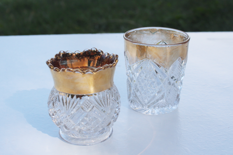 photo of EAPG antique gold decorated pressed pattern glass toothpick holders or vases for matches #1