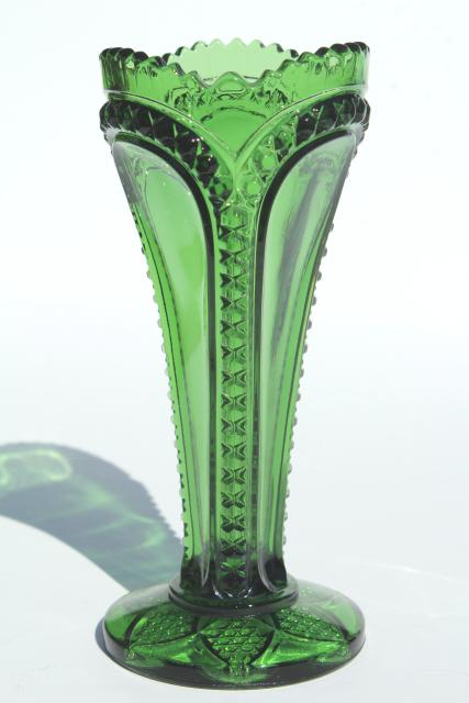 photo of EAPG antique green glass trumpet vase, fine cut panel pattern pressed glass #1