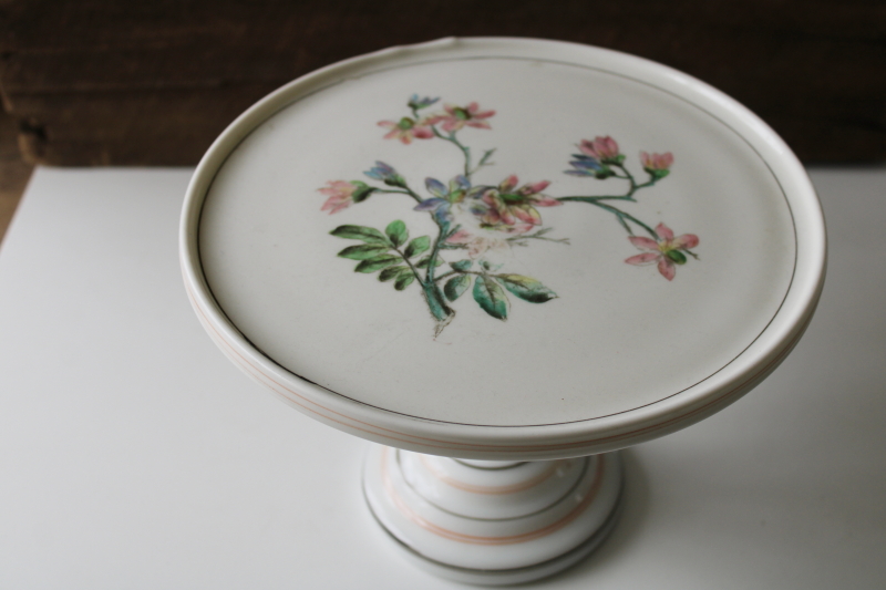 photo of EAPG antique hand painted milk glass cake stand, 1800s vintage Challinor Taylor pedestal plate  #4