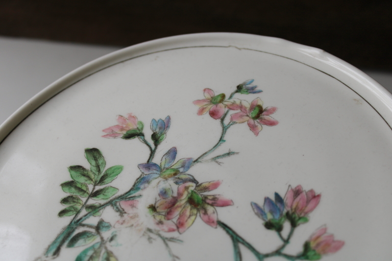 photo of EAPG antique hand painted milk glass cake stand, 1800s vintage Challinor Taylor pedestal plate  #6