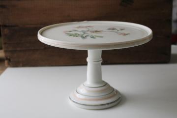 catalog photo of EAPG antique hand painted milk glass cake stand, 1800s vintage Challinor Taylor pedestal plate 