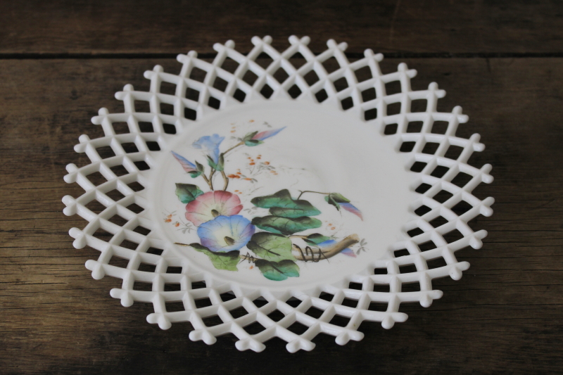 photo of EAPG antique milk glass plate w/ open lace edge lattice, hand painted morning glories #1