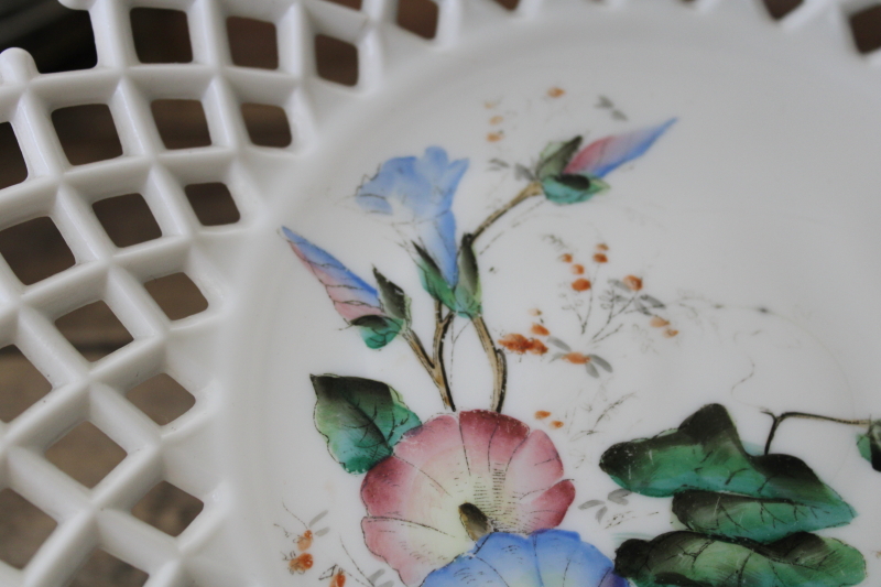 photo of EAPG antique milk glass plate w/ open lace edge lattice, hand painted morning glories #3