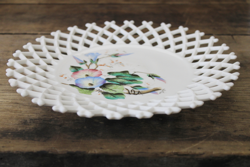 photo of EAPG antique milk glass plate w/ open lace edge lattice, hand painted morning glories #4