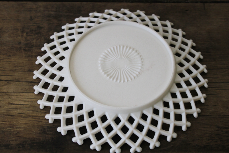 photo of EAPG antique milk glass plate w/ open lace edge lattice, hand painted morning glories #6