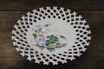 catalog photo of EAPG antique milk glass plate w/ open lace edge lattice, hand painted morning glories