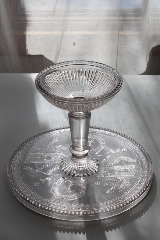 photo of EAPG antique pressed glass cake stand Good Luck AKA prayer rug pattern 1880s vintage #4