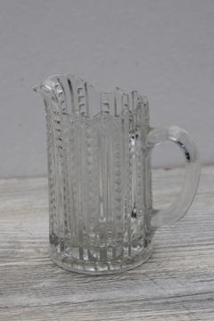 catalog photo of EAPG antique pressed glass creamer, 1800s vintage Mardi Gras zipper pattern pitcher
