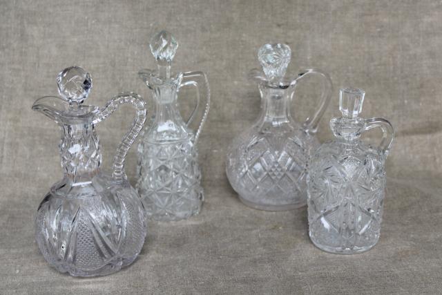 photo of EAPG antique pressed glass cruets, collection of pitchers all different patterns #1