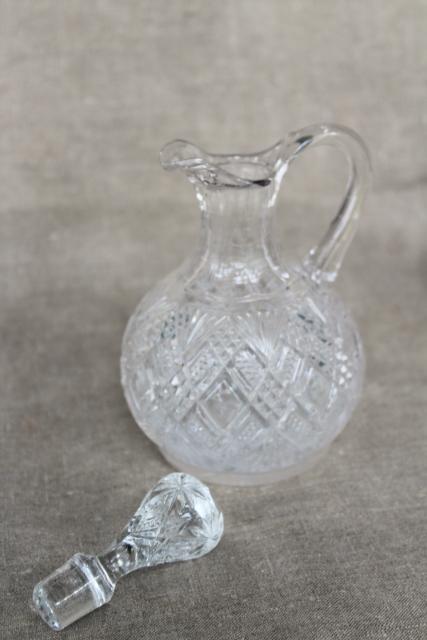 photo of EAPG antique pressed glass cruets, collection of pitchers all different patterns #11