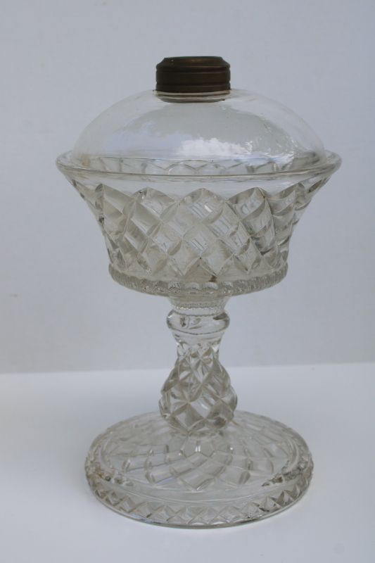 photo of EAPG antique pressed glass kerosene oil lamp, waffle pattern glass base no burner  #1