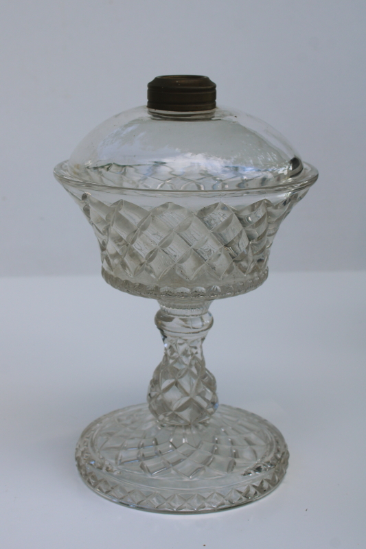 photo of EAPG antique pressed glass kerosene oil lamp, waffle pattern glass base no burner  #7