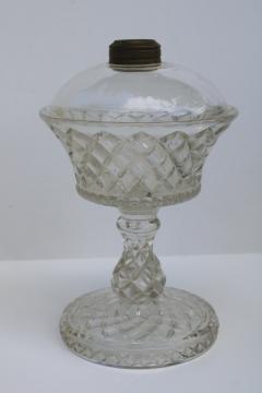 EAPG antique pressed glass kerosene oil lamp, waffle pattern glass base no burner 